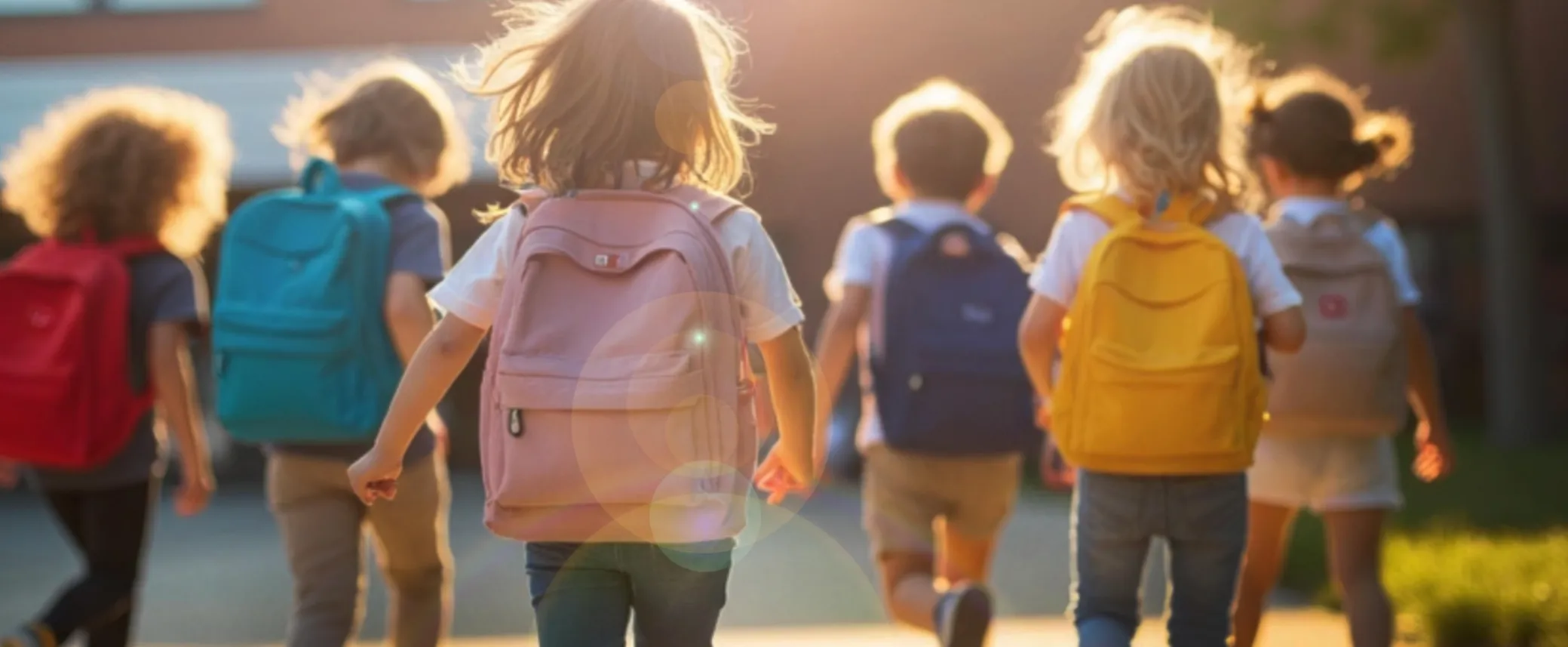Children with colorful backpacks walk toward a school building, bathed in warm sunlight.