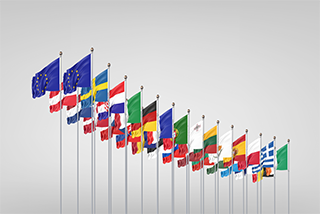Image of flags of the European Union countries flying against grey background - Copyright: Image © Evgenia/Adobe Stock