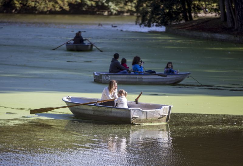 Mother and daughter rowing a boat