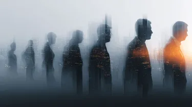 Silhouetted people walking against a blurred cityscape background with a warm glow, creating a surreal, dreamlike effect.