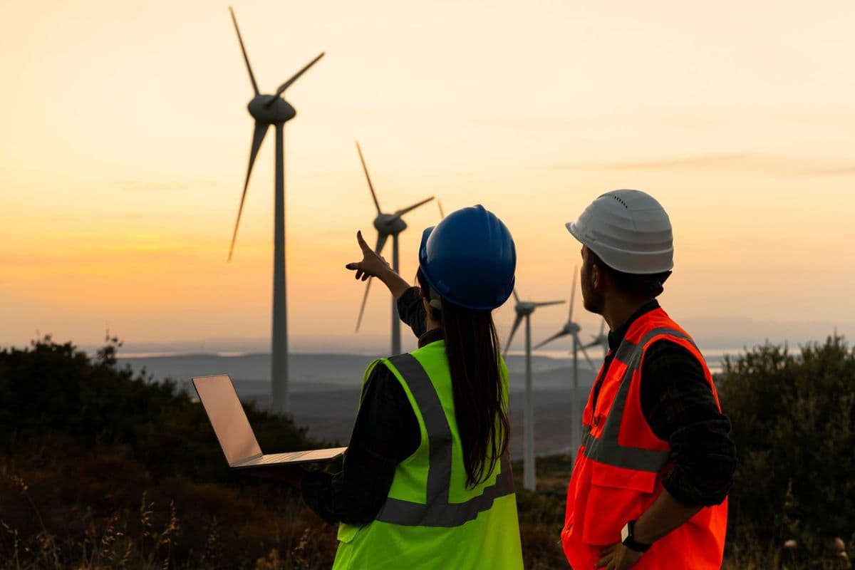 Cover image for Eurofound's European Working Conditions Survey 2024 overview report. Two workers in safety gear stand at sunset, examining wind turbines. One holds a laptop, and the other points towards the turbines.