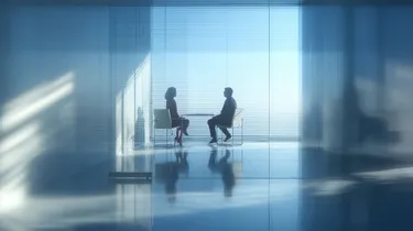 Two silhouetted people sit facing each other in a modern, glass-walled room with soft lighting and reflections on the polished floor.