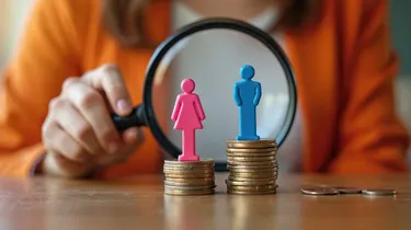 Magnifying glass focuses on male and female figures on uneven stacks of coins, symbolizing gender pay gap.