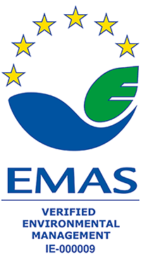 EMAS logo with blue wave, green "E," surrounded by yellow stars. Text: "EMAS Verified Environmental Management IE-000009."