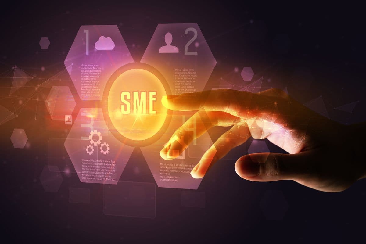 A hand reaching towards a glowing "SME" button, surrounded by digital hexagonal icons on a dark background.