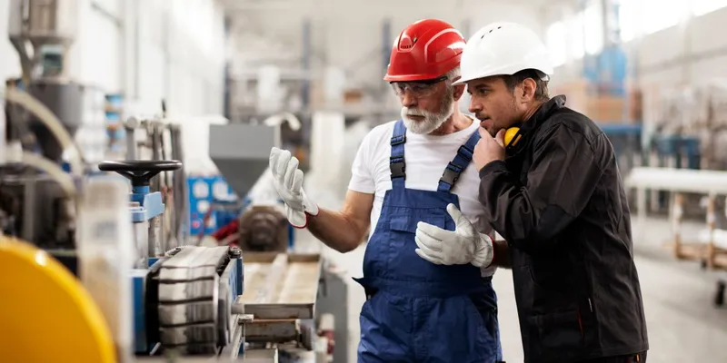 Colleagues with helmets working in factory