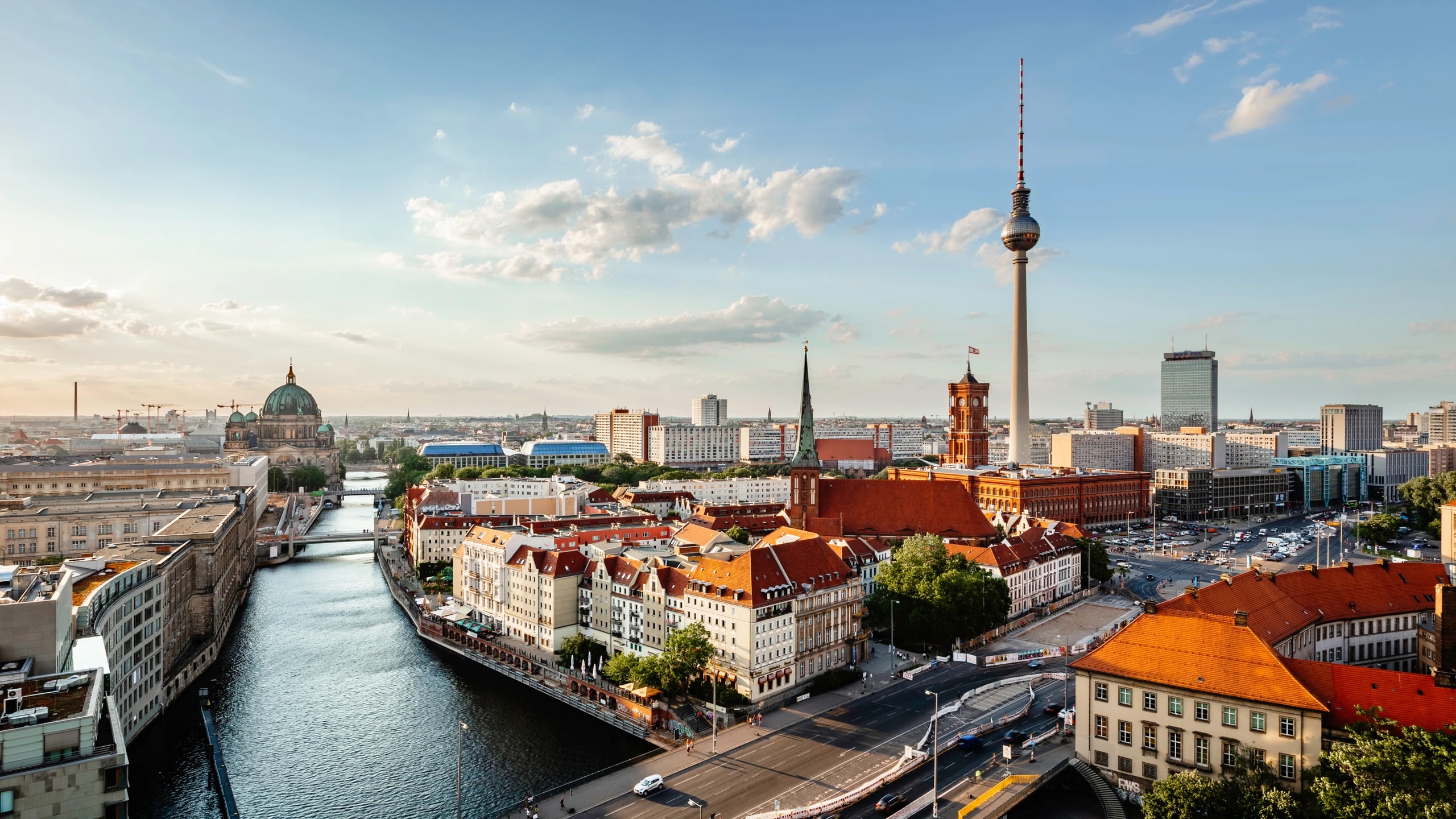 City landscape of Berlin in Germany with television tower and river