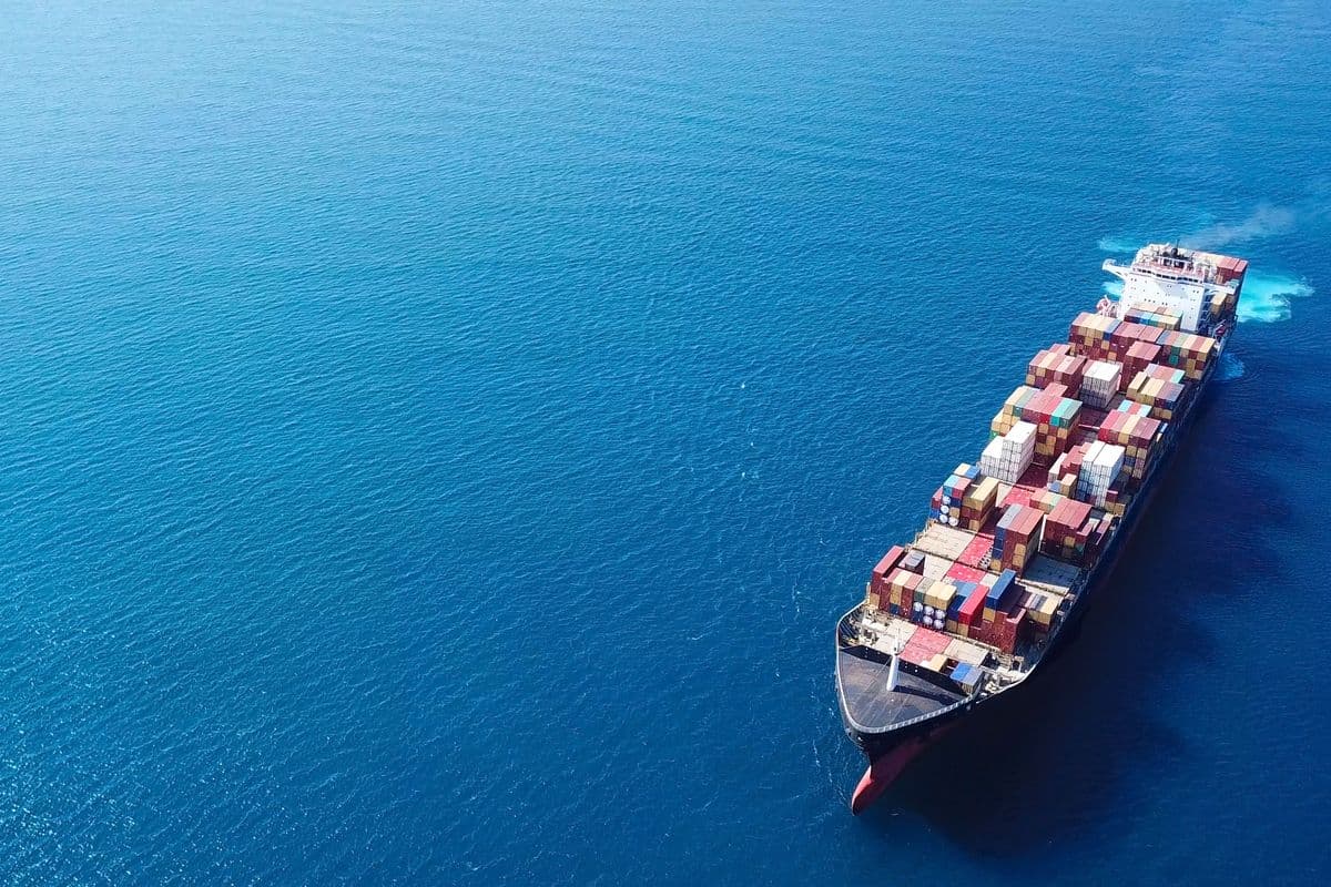 Ultra large container vessel at sea, aerial view