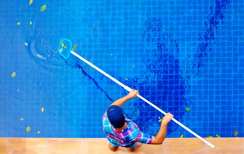 Young adult man, personnel cleaning the pool from leaves