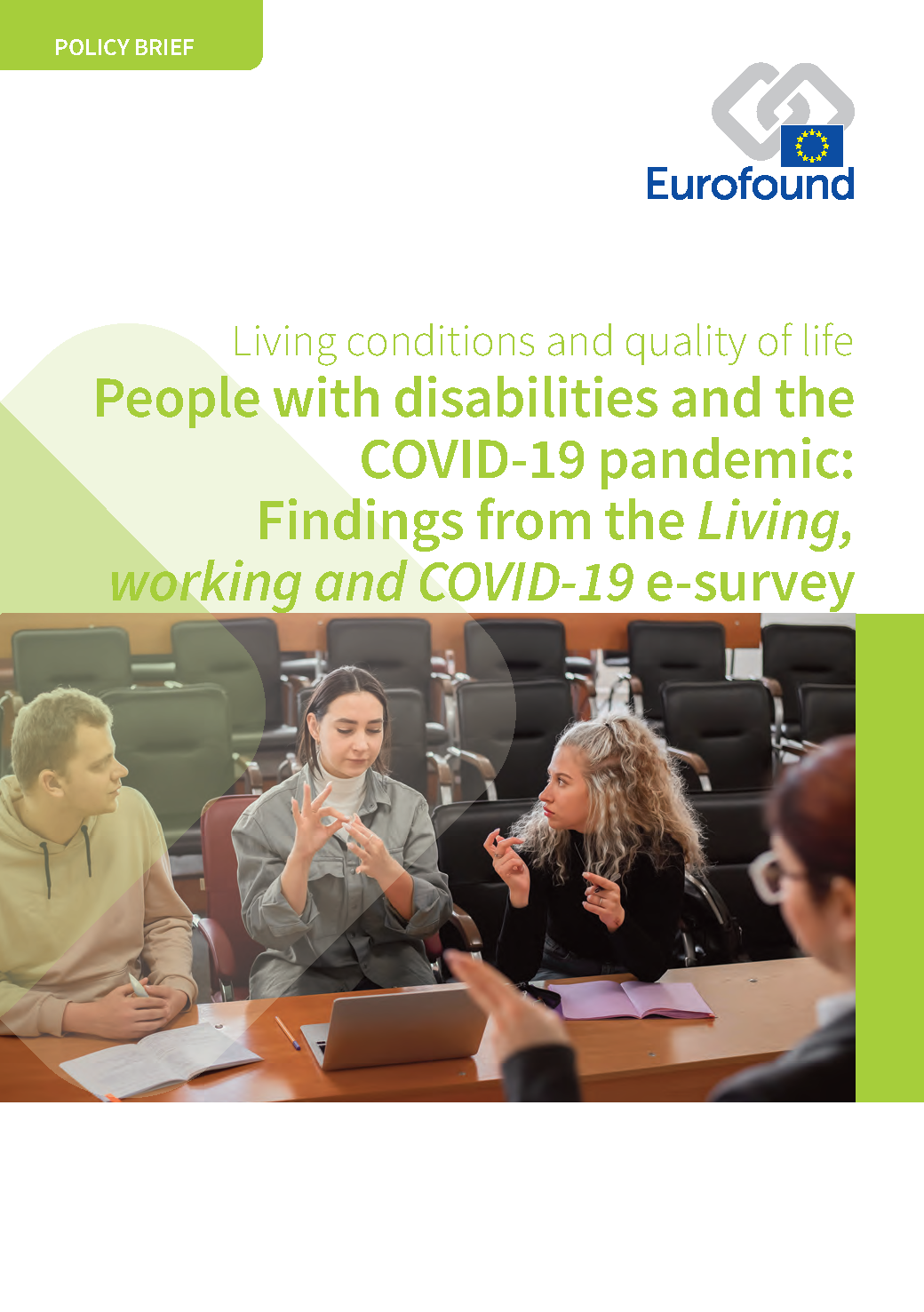 Cover image for Eurofound's policy brief entitled 'People with disabilities and the COVID-19 pandemic: Findings from the Living, working and COVID-19 e-survey'