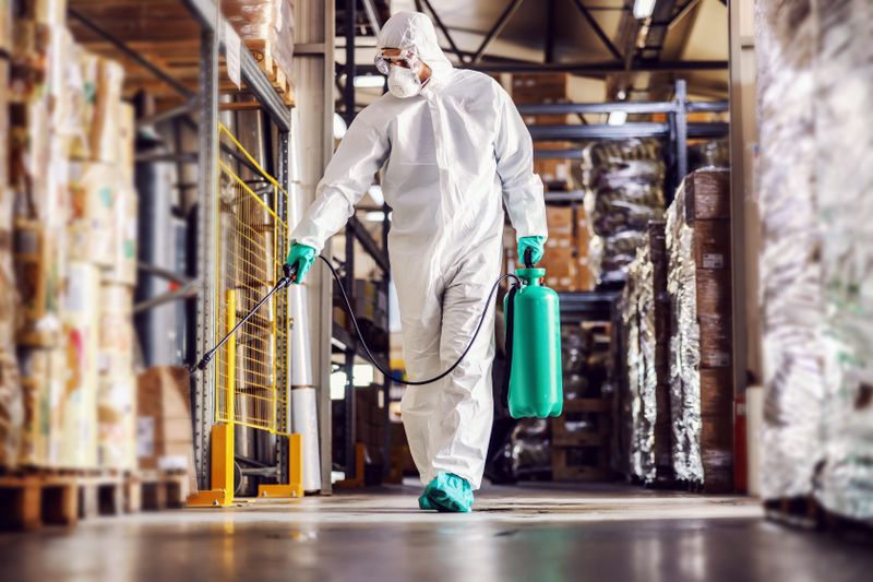 Man in protective suit disinfecting warehouse